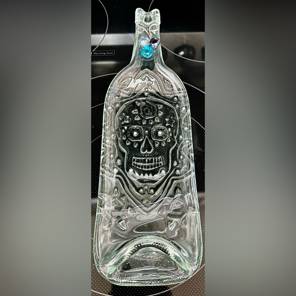 Day of the Dead Sugar Skull melted bottle spoon rest.